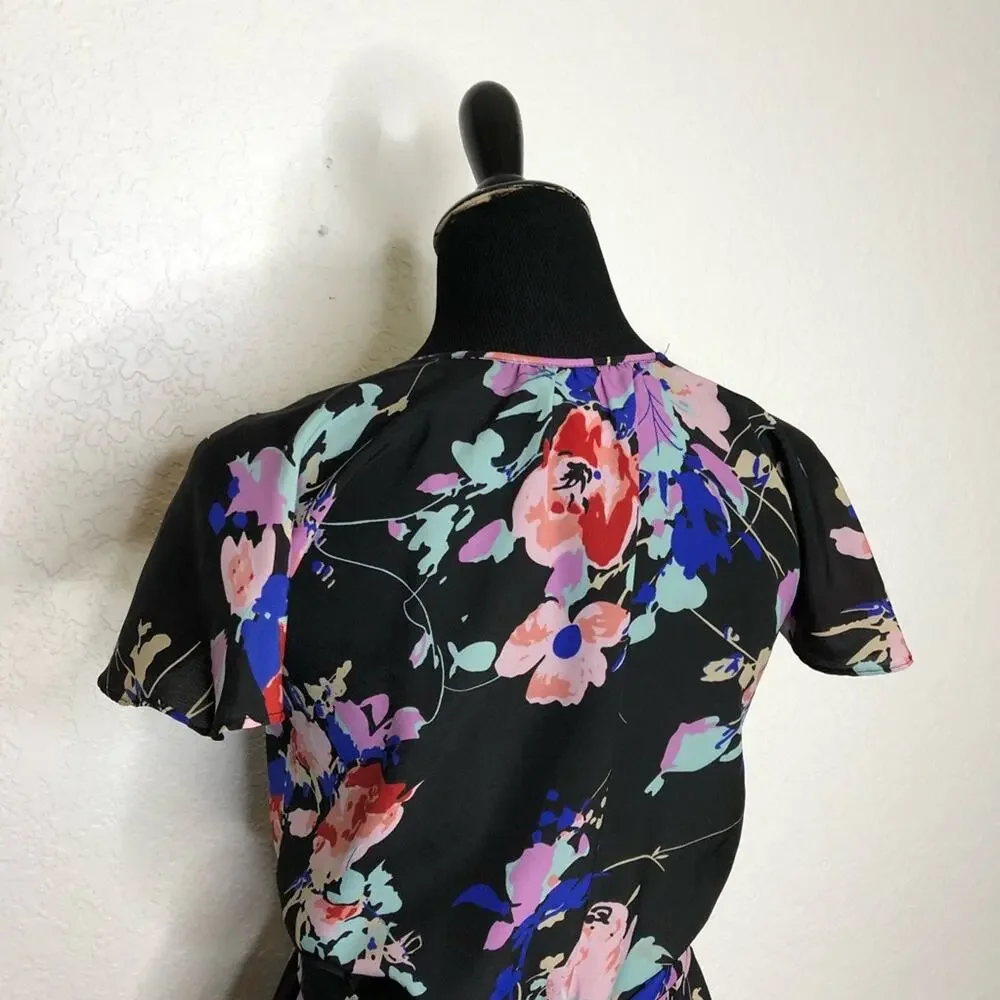 Yumi Kim black floral faux wrap dress size Small